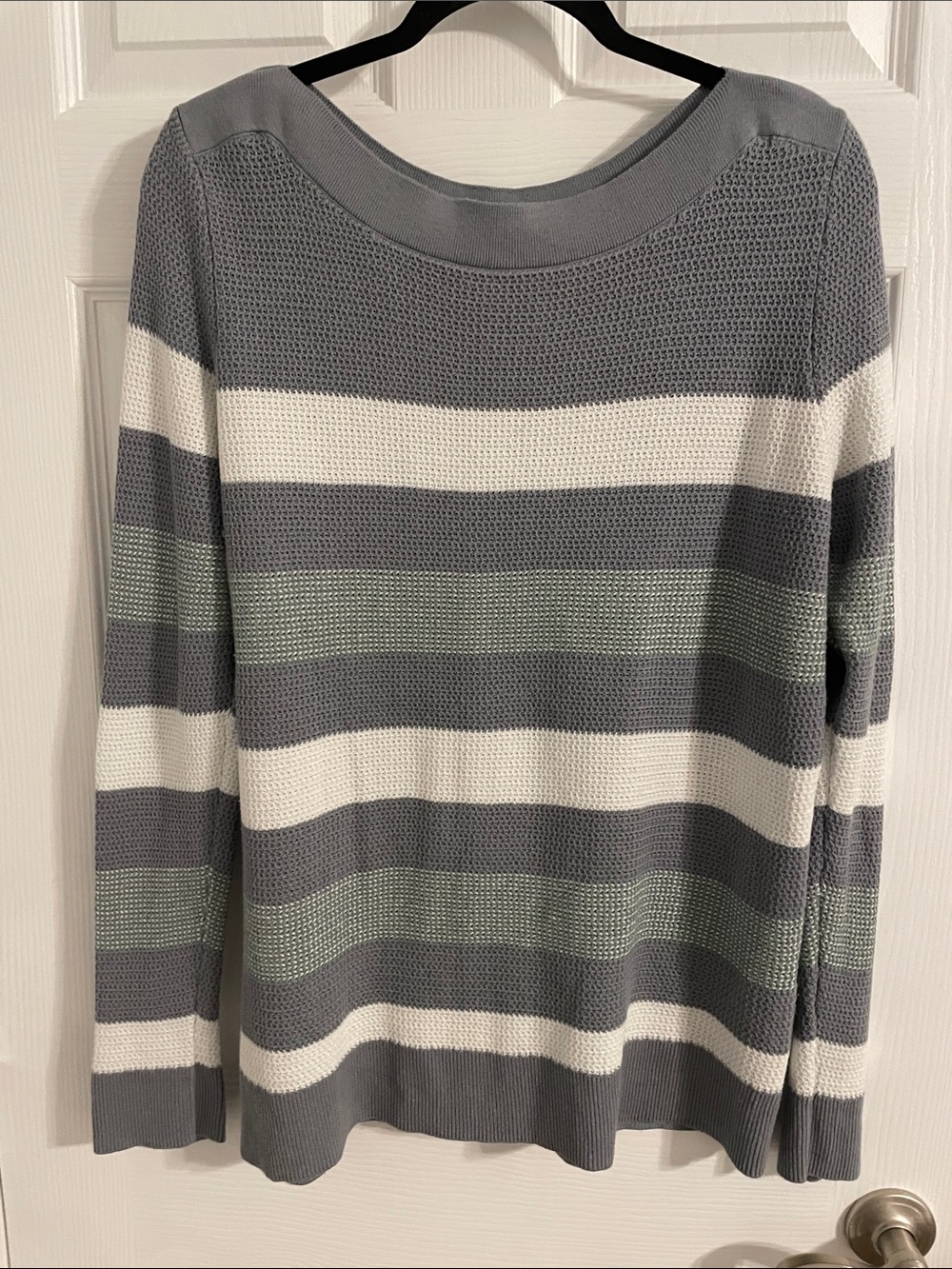 Market & Spruce Gray, White & Sage Striped Crewneck Sweater